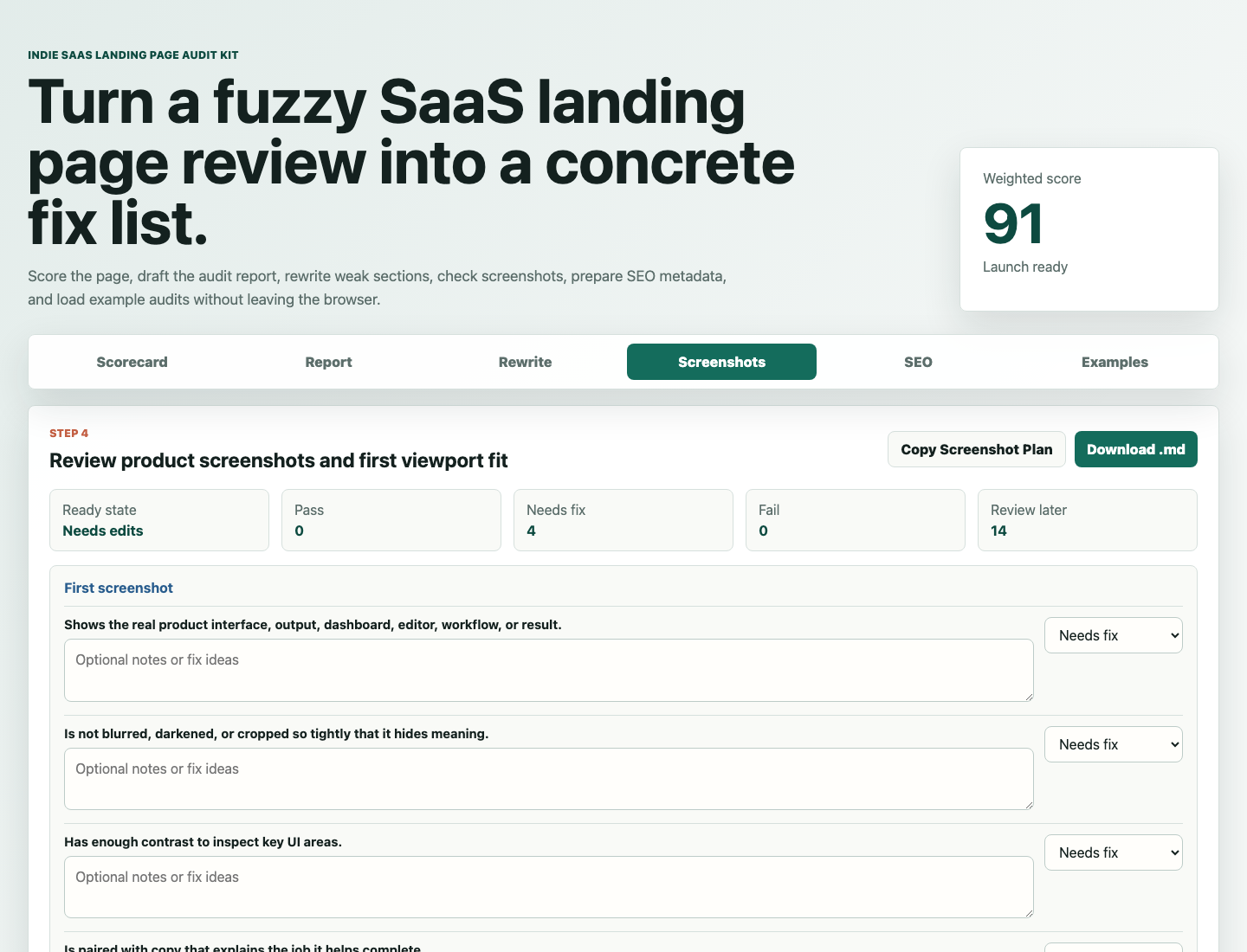 Screenshot and first-viewport review checklist
