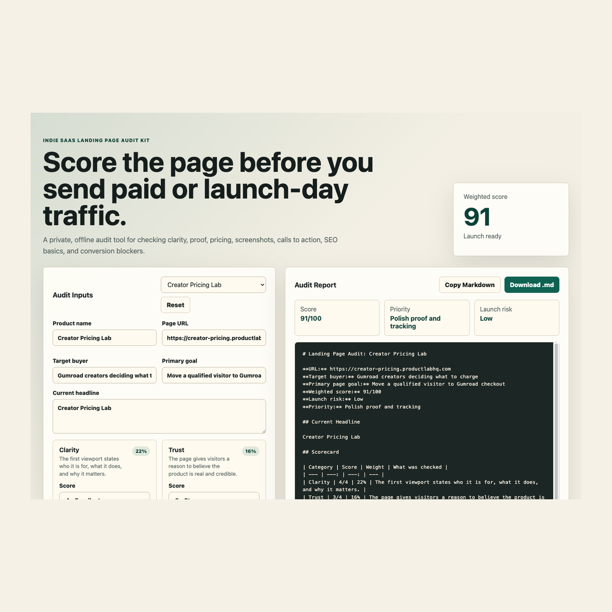 Indie SaaS Landing Page Audit Kit product screenshot cover